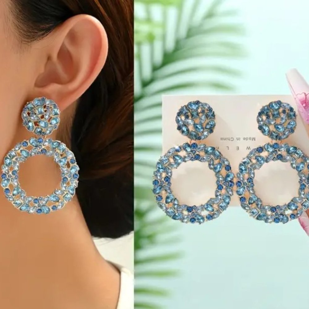 Blue Rhinestone Hoop Drop Earrings Statement Crystal Gold Tone Dangle Glam - Picture 5 of 5